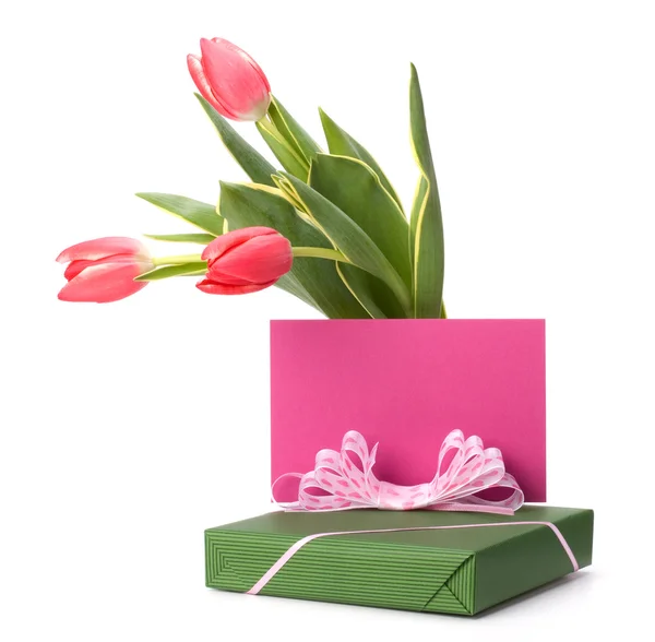 Gift with pink tulips — Stock Photo, Image