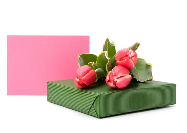 Gift with pink tulips — Stock Photo, Image