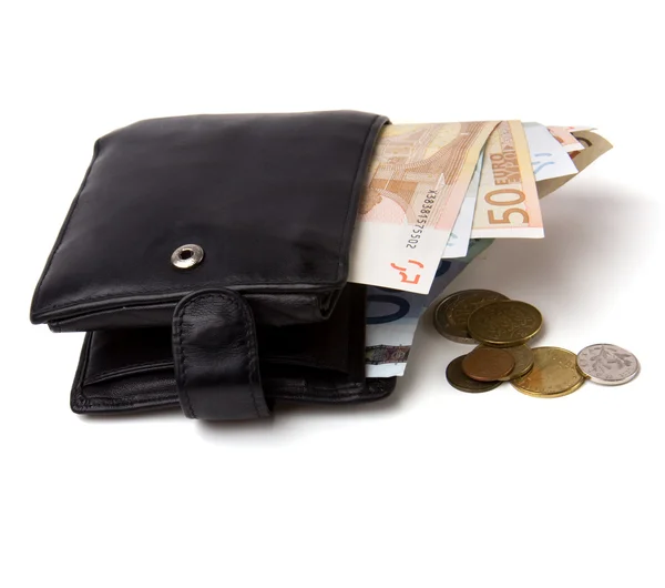 Uang dalam tas kulit diisolasi pada latar belakang putih — Stok Foto