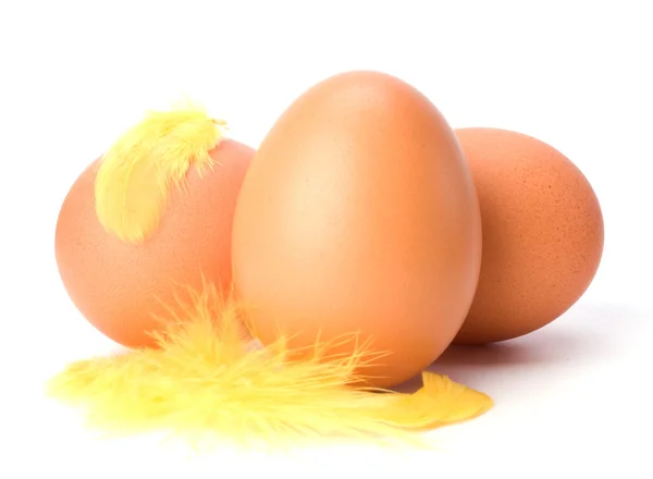 Eieren en veren geïsoleerd op een witte achtergrond. Pasen decor. — Stockfoto