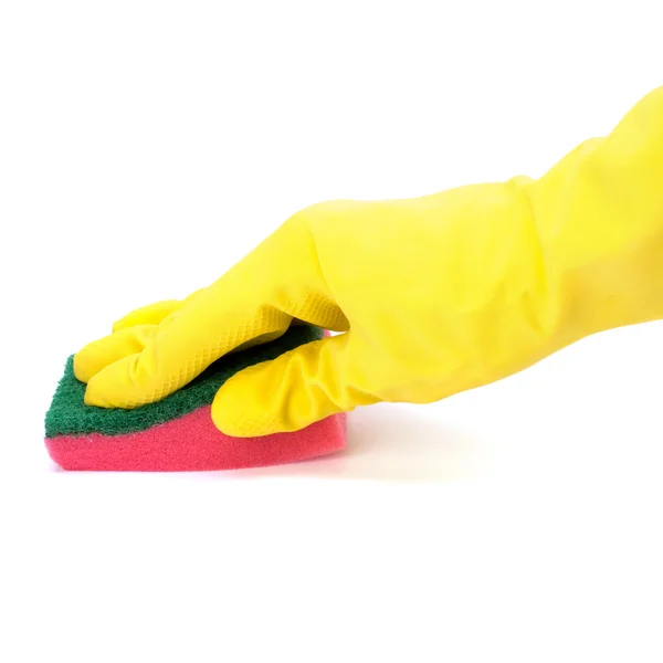 Hand in yellow glove with sponge Stock Image