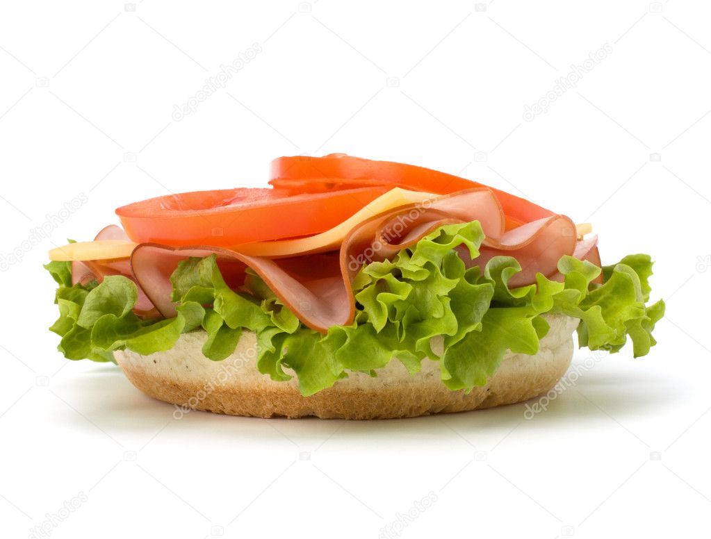 Healthy open sandwich with lettuce, tomato, smoked ham and chees