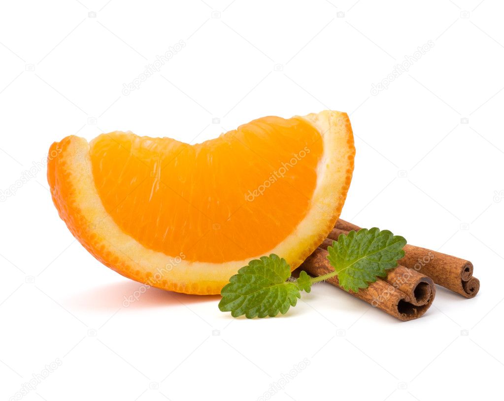 Orange fruit segment, cinnamon sticks and mint. Hot drinks ingre