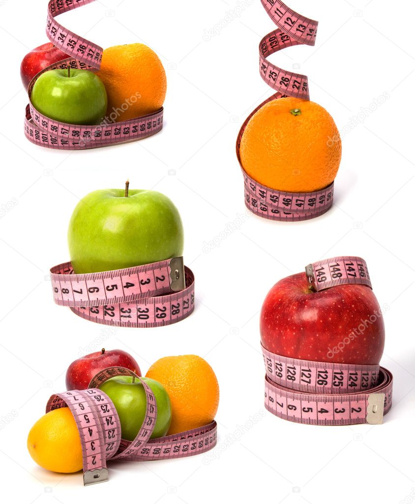 Tape measure wrapped around fruits isolated on white background