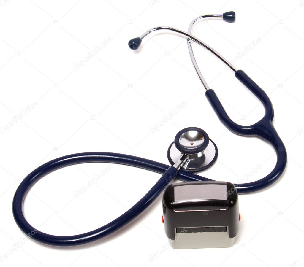 Stethoscope and doctor seal isolated on white background — Stock Photo ...