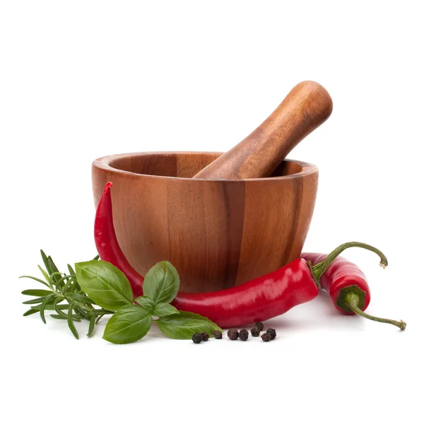 stock image Fresh flavoring herbs and spices in wooden mortar