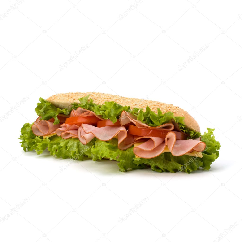 Fast food baguette sandwich with lettuce, tomato, ham and chees