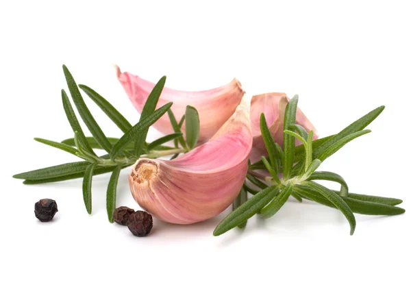 Vitlök kryddnejlika, basilika och rosmarin blad — Stockfoto