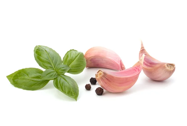 Diente de ajo y hoja de albahaca —  Fotos de Stock