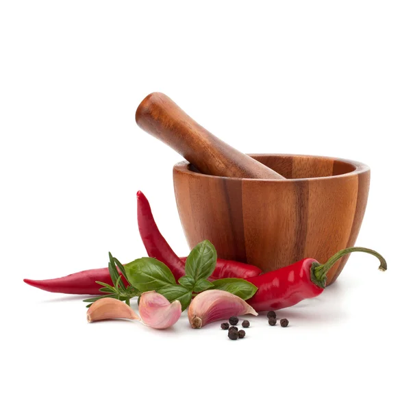 Verse smaakstof kruiden en specerijen in houten Mortier — Stockfoto