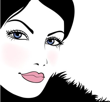 Portrait attractive beautiful girl wearing black fur, vector ill clipart