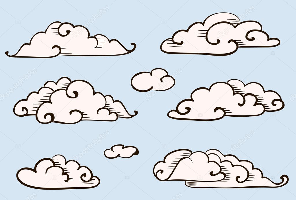 Clouds set, vintage vector stylized drawing