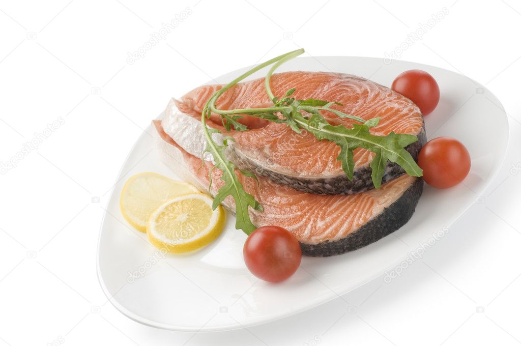 Raw salmon steak with herbs