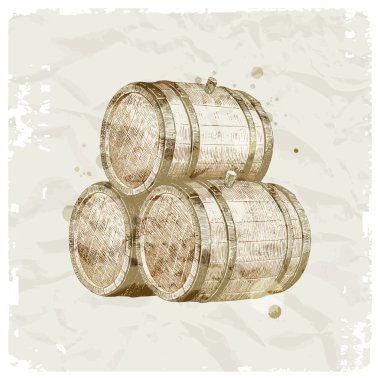 Hand drawn wooden barrels on vintage paper background clipart