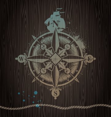 Vector compass rose painting on a wooden wall clipart