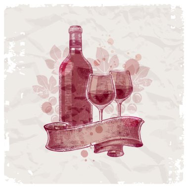 Grunge hand drawn wine bottle & glasses clipart