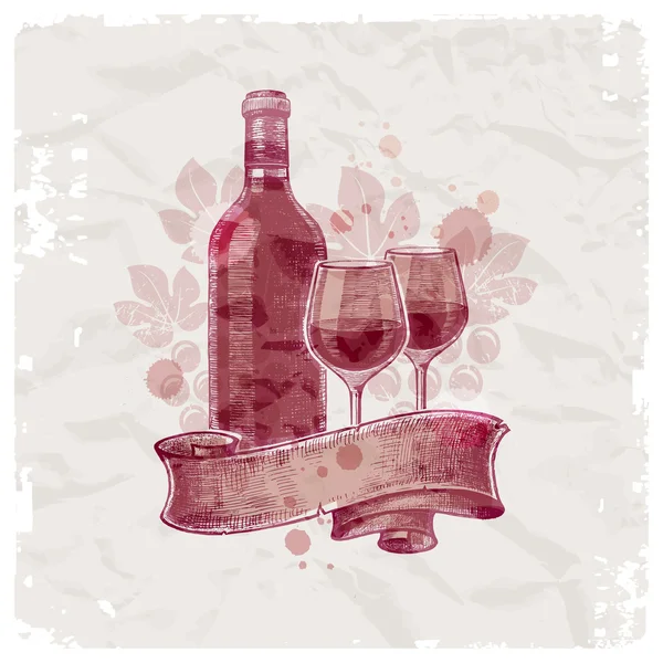 Grunge botella de vino dibujado a mano & vasos — Vector de stock
