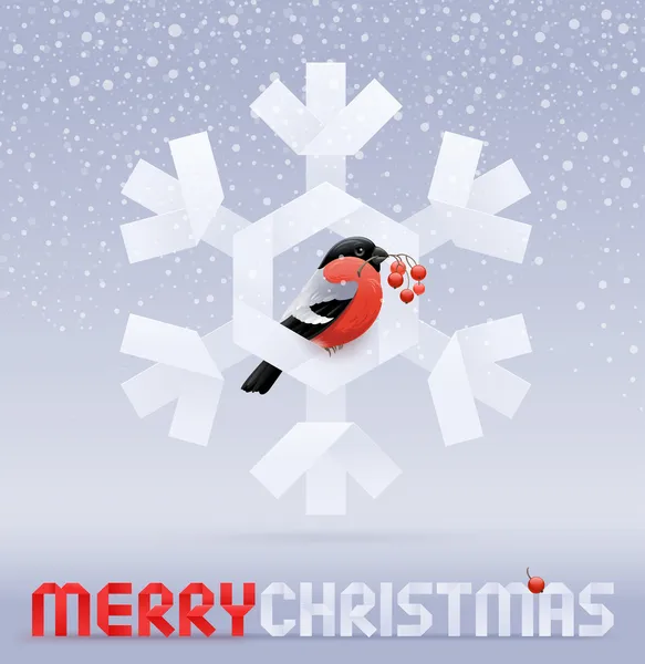 Ilustración de Navidad - un pinzón con arándanos sobre un copo de nieve — Vector de stock