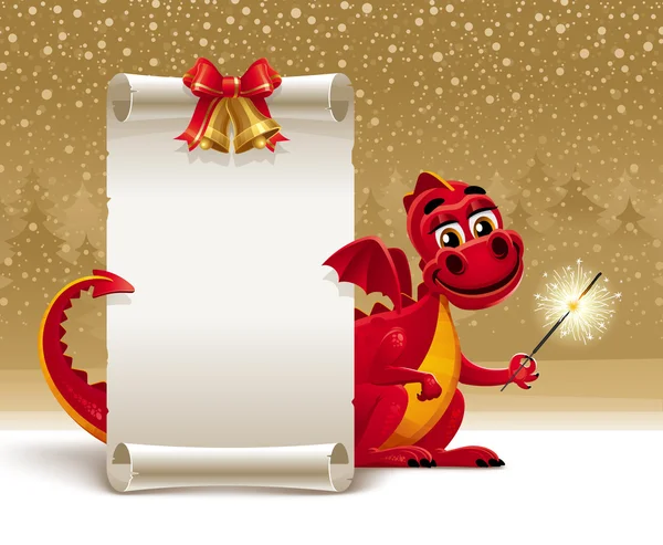 Dragón rojo con un bengala y pergamino de papel para saludar . — Vector de stock