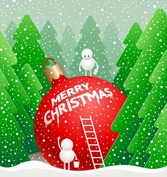 Lilla söta snowmans skriva en hälsning på en Julgranskula — Stock vektor