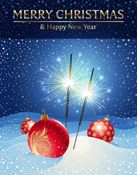 stock vector Sparklers and Christmas baubles in snowdrift