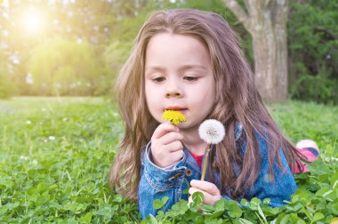 Cute girl in a meadow clipart