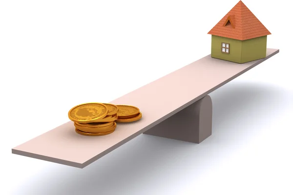 House and money on scale board — Stock Photo, Image