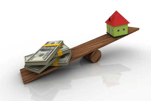 Ev ve ölçek tahta üzerinde para — Stok fotoğraf