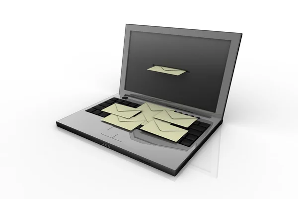 Laptop i poczty (wykonane w 3d, na białym tle) — Zdjęcie stockowe
