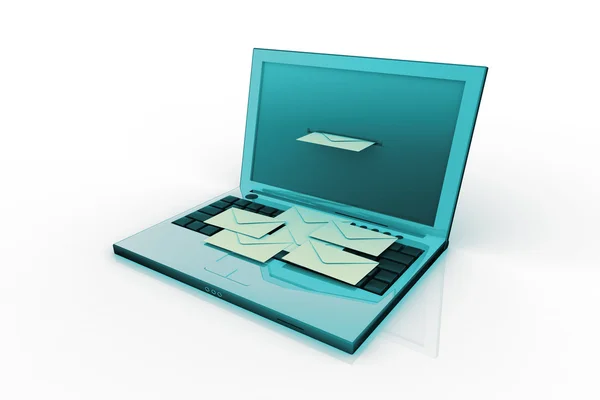 Laptop i poczty (wykonane w 3d, na białym tle) — Zdjęcie stockowe