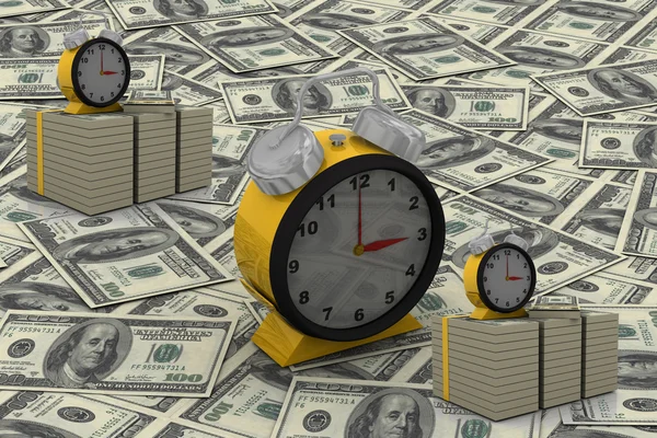 Az idő pénz koncepció órával és érmékkel — Stock Fotó