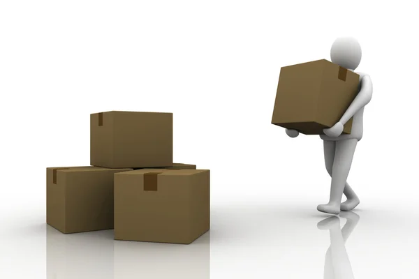 stock image 3d Man carrying cardboard box, isolated