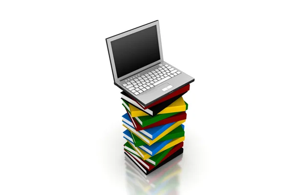 Laptop 3d em cima de uma pilha de livros — Fotografia de Stock