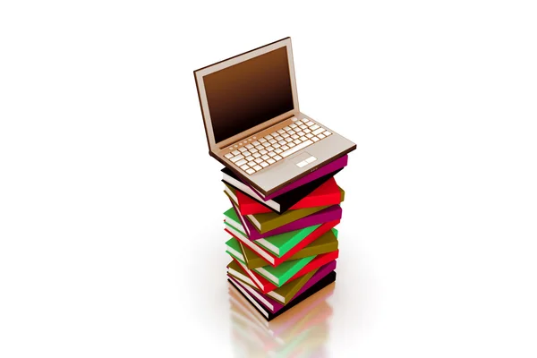 3d laptop on top of a pile of books — Stock Photo, Image