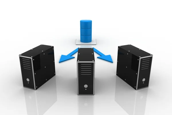 Три сервера, подключенных к серверу базы данных . — стоковое фото