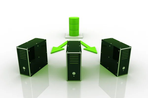 Три сервера, з'єднані з сервером бази даних . — стокове фото