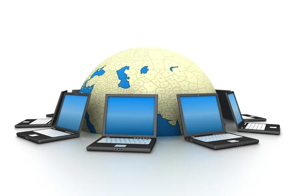 Mundo conectado cercado por laptops — Fotografia de Stock