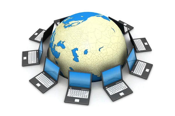 Verbonden wereld omringd door laptops — Stockfoto