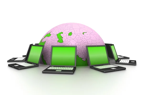 Connected world surrounded by laptops — Stock Photo, Image