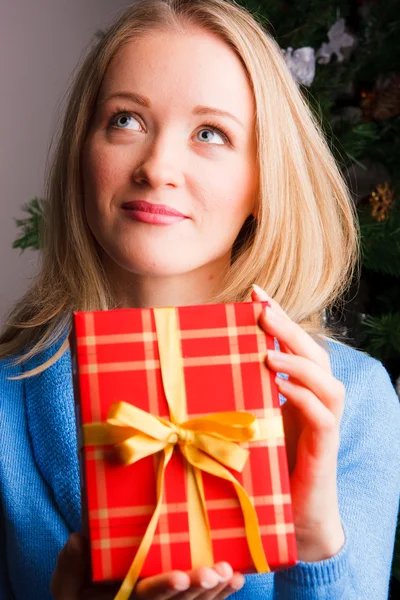 Schöne Frau mit einem Weihnachtsgeschenk — Stockfoto