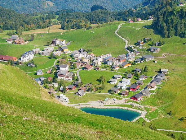 Вид с воздуха на маленькую швейцарскую деревню — стоковое фото