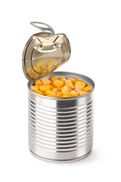 スイート コーンの半開きの金属缶します。 — ストック写真