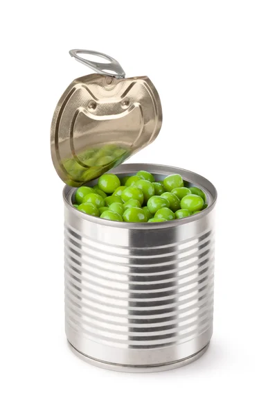 Ajar lata metálica com ervilhas verdes — Fotografia de Stock