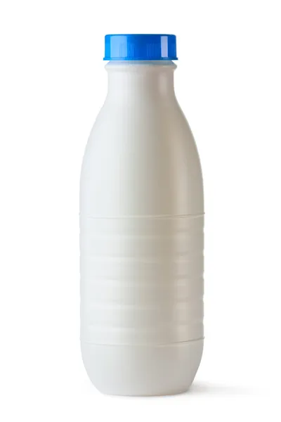 Butelka z tworzywa z niebieski pokrywa produkty mleczne — Zdjęcie stockowe