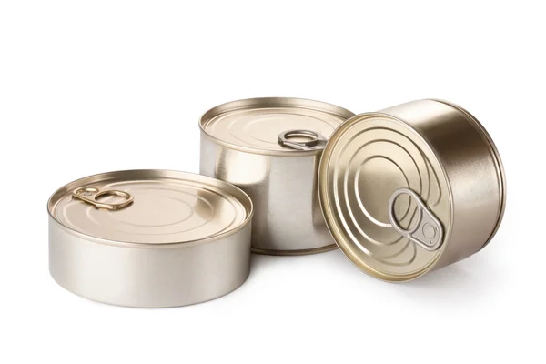 Three metallic goods can with key — Stock Photo, Image