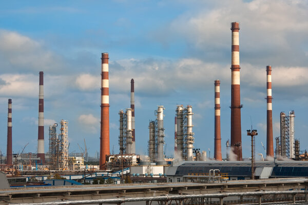 Chimneys and buildnig of oil refinery