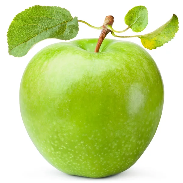 Zelené jablko s třemi listy — Stock fotografie
