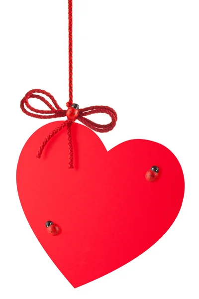 Serce valentine z liny łuk i zabawka biedronki — Zdjęcie stockowe