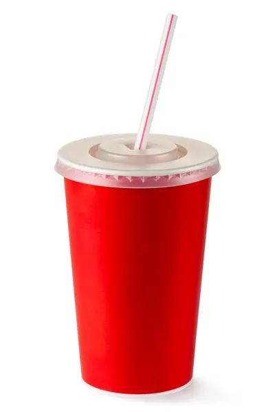 Red disposable cup for beverages with straw — Stok fotoğraf