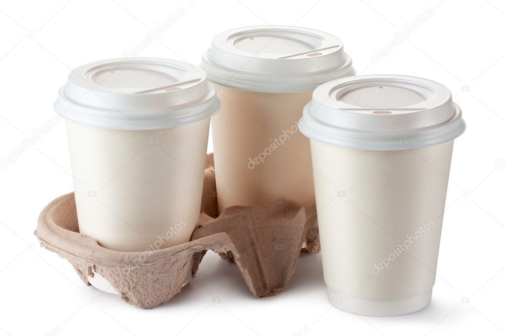 Three disposable coffee cups with plastic lid